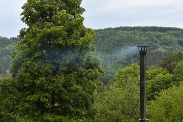 Fototapeta na wymiar Rauch aus Rauchfang, nachhaltig und klimaneutral heizen mit Holz im Waldgebiet
