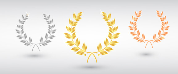 Award laurel set - first, second and third place. Winner template. Symbol of victory and achievement. Gold laurel wreath. Realistic vector object isolated