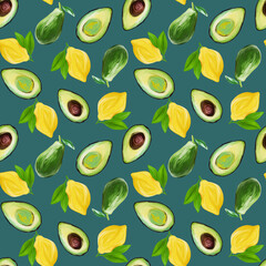 Bright vegetarian Fruit Painted Seamless Pattern hand-drawn in gouache avocado and lemon on deep green background. Design for textiles, packaging, fabrics, menus, restaurants