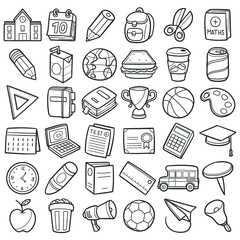 School Set Icons. Line Art Doodle Drawn Sketch. Hand Made Design Vector. 