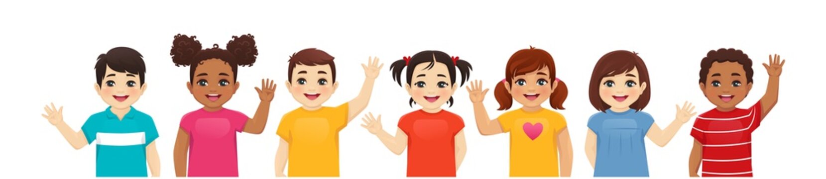 Smiling kids boys and girls waving hands set isolated vector illustration. Multiethnic little children.