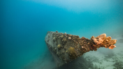 Ship wreck in turquoise water of coral reef in Caribbean sea / Curacao with sponge