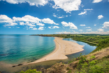 A beach at the mouth of the Veleka river.Sinemorets is a village and seaside resort on the Black...