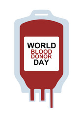 World blood donor day banner with red bloody plastic container and sign. A blood donation bag Isolated on white background. Flat vector illustration. Donor donation banner, poster, flyer. EPS 10