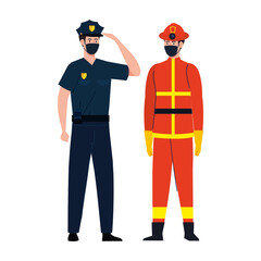 male firefighter and police with masks vector design