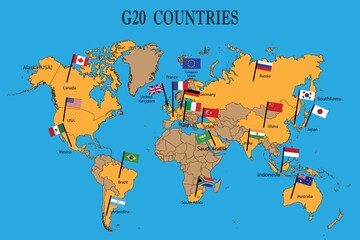 World map of the G20 countries with flags. Member of G20 group of twenty countries flags with names