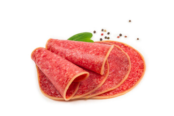 Salami slices isolated on white background.