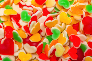 Juicy colorful jelly sweets. Gummy candies. Hearts.