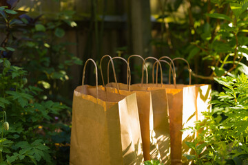 Delivery of Natural Foods. Several Eco Recycle Shopping Bags with Organic Farm Products are Outside...