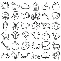 Farm icons doodle set. Animals, objects and fruits illustration. Line art agriculture and farming  hand drawn.