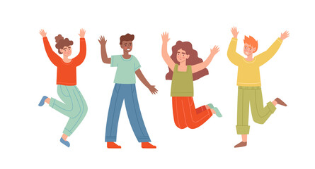 Set of four diverse happy young people jumping and celebrating isolated on white, colored vector illustration