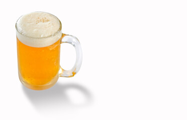 Beer in mug or glass, cool draught beer has white Soft beer bubble overflowing glass, on isolated white background for design element and copy space.