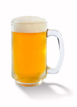 Beer in mug or glass, cool draught beer has white Soft beer bubble overflowing glass, on isolated white background for design element and copy space.
