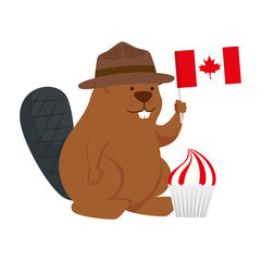 Canadian beaver with hat and flag of happy canada day vector design © Gstudio