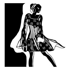 Black and white retro fashion model with fashionable dress. Drawn in sketch style. Vector illustration