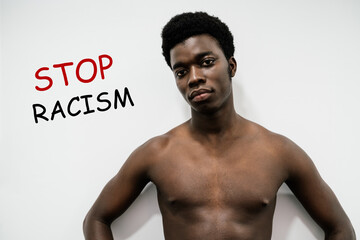 Black man on white background and STOP RACISM