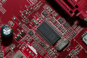 Closeup of electronic circuit board or PCB printed circuit board