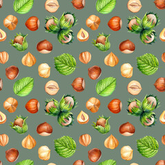 Seamless pattern of hazelnuts, watercolor drawing