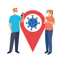 women with masks smartphone and covid 19 virus inside gps mark vector design