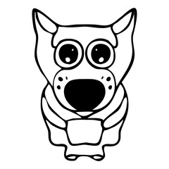 The embarrassed and frightened wolf-dog is drawn in a black line. The hand-drawn sketch is in a cartoon, graphic, engraved style. Vector isolated illustration.