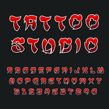 Typography Tattoo Studio Alphabet Style. Decorative Typeset Modern Font. Letters and Numbers Design Set.