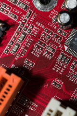 Closeup of electronic circuit board or PCB printed circuit board