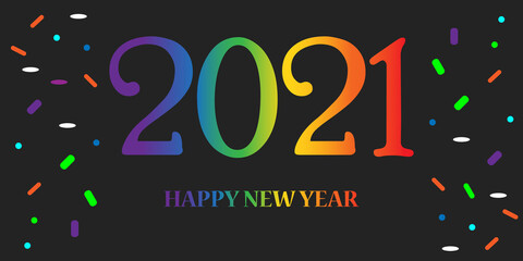 Happy New Year 2021 logo text design. Background with national flag of LGBT. Brochure design template, card, banner.