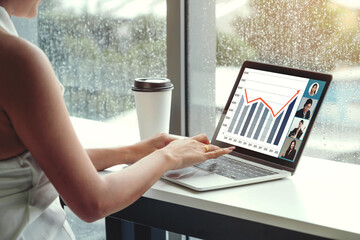Video call business people meeting on virtual workplace or remote office. Telework conference call...