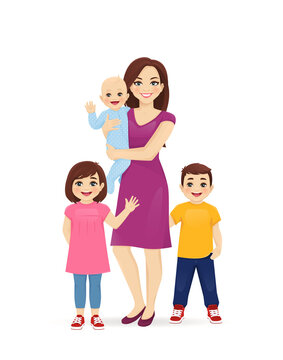 Young woman mother and her kids daughter, son and newborn baby standing vector illustration isolated