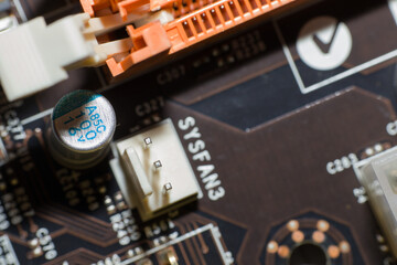 Closeup of electronic circuit board or PCB printed circuit board