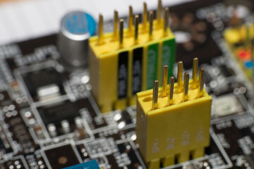 Closeup of electronic circuit board or PCB printed circuit board