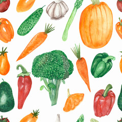 Watercolor hand painted nature garden plants seamless pattern with orange carrot, pumpkin, tomato, red bell, chili pepper, green broccoli, asparagus, avocado vegetable isolated on the white background