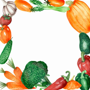 Watercolor hand painted nature squared border frame with orange carrot, pumpkin, bell pepper, green cucumber, broccoli, avocado, asparagus, red tomato, chili pepper and white garlic for cards