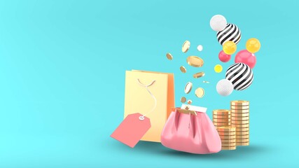 The purse is surrounded by shopping bags and coins on a blue background.-3d rendering..