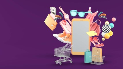 mobile phone Surrounded by clothing and accessories on purple background.-3d rendering..