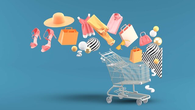 Clothes, bags, high heels, shopping bags and hats floated down to the shopping cart.-3d rendering.