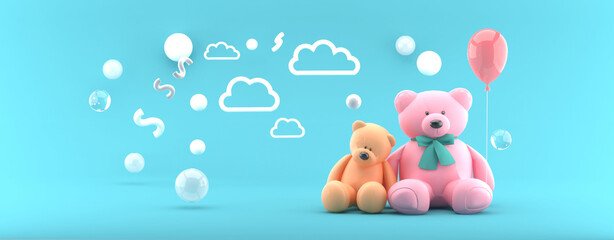 Teddy Bear Orange and Pink and Balloon on Blue Sky