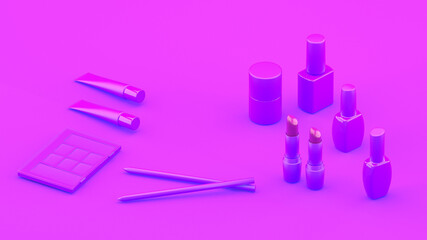 Purple makeup on purple background 3d render.