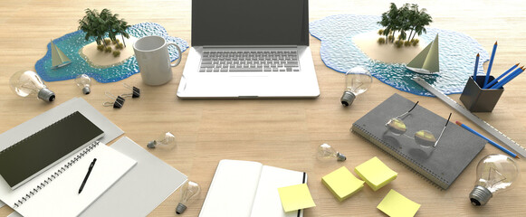 Naklejka premium Work desk with laptop and sea view 3d render.