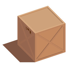 Isometric illustration of a vector cargo 3d brown wooden box with transportation symbols. Turned to the side