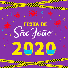 Festa de Sao Joao 2020 lettering with protective mask. Brazilian June Festival Festa de Sao Joao during coronavirus COVID-19 quarantine. Easy to edit template fop banner, invitation, flyer, etc