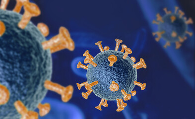 Illustration of virus cells or bacteria molecule under microscope. Abstract 3d illustration corona virus cells.Pathogen respiratory influenza. Flying Covid virus cells