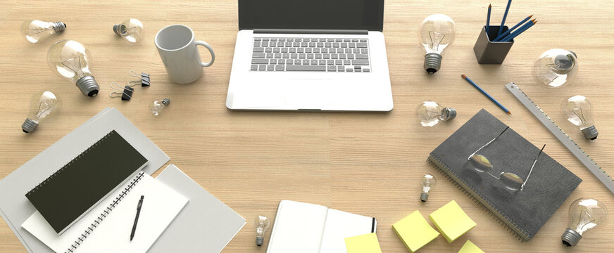 Work desk with laptop and idear 3d render.