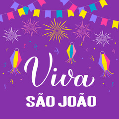 Viva Sao Joao calligraphy hand lettering with paper lanterns, flags and fireworks. Brazil June holiday Festa Junina. Vector template for typography poster, banner, invitation, flyer, etc