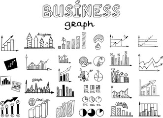 Business arrow bubble set sketch vector ink doodle. It include icons: Graph, diagram, sector, growth, fall, approximation, statistics. Vector hand drawing illustration.
