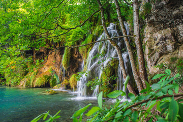 Fototapeta premium Picturesque landscape at Plitvice Lakes National Park in Croatia.