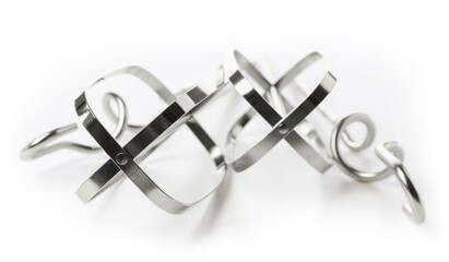 Mixer beaters and dough hooks for stand mixer on white background, small depth of focus. Baking concept.