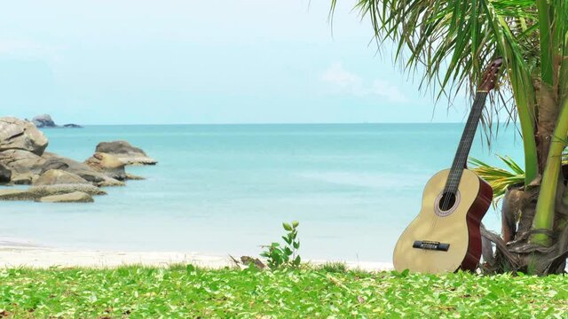 An acoustic guitar under a palm tree on a beautiful sandy beach