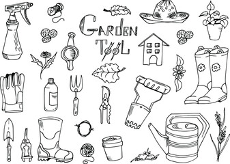 A set of garden tools items. Everything for gardening. Doodling drawing. Linear manual drawing. Vector graphics