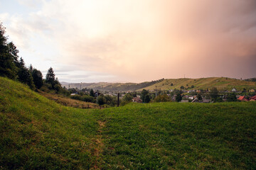 Views of the Carpathians - this is a beautiful country in the mountains of the Carpathians after sunset. Carpathians are located in Ukraine. In the Carpathians, beautiful nature.